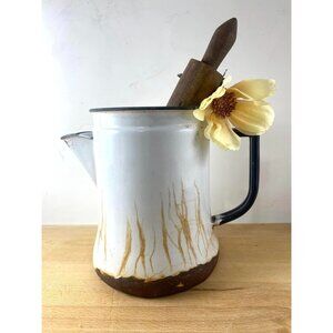 Vintage Enamelware Coffee Pot Pitcher With Rolling Pin Faux Flower Vignette